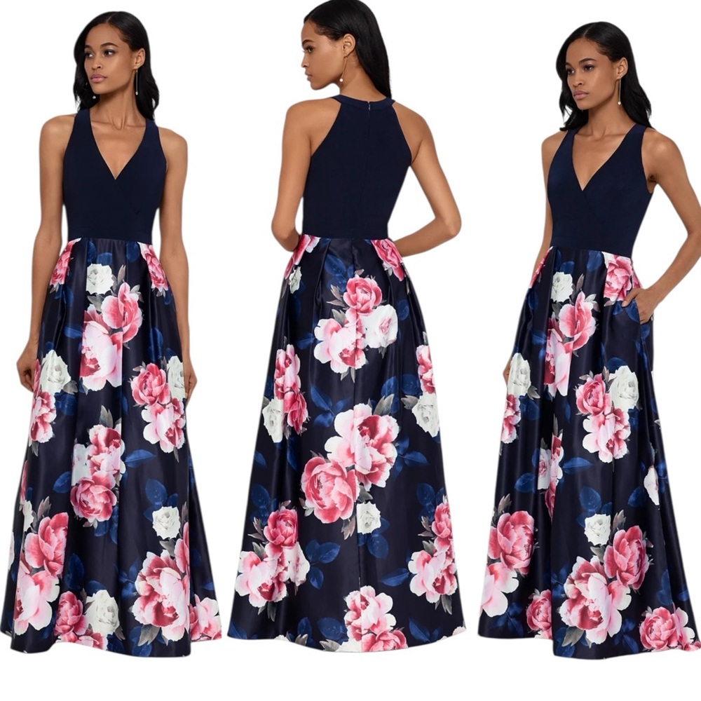 Xscape NWT FORMAL GOWN SLEEVELESS WITH SOLID BLUE TOP AND‎ FLORAL SKIRT.
SIZE 6